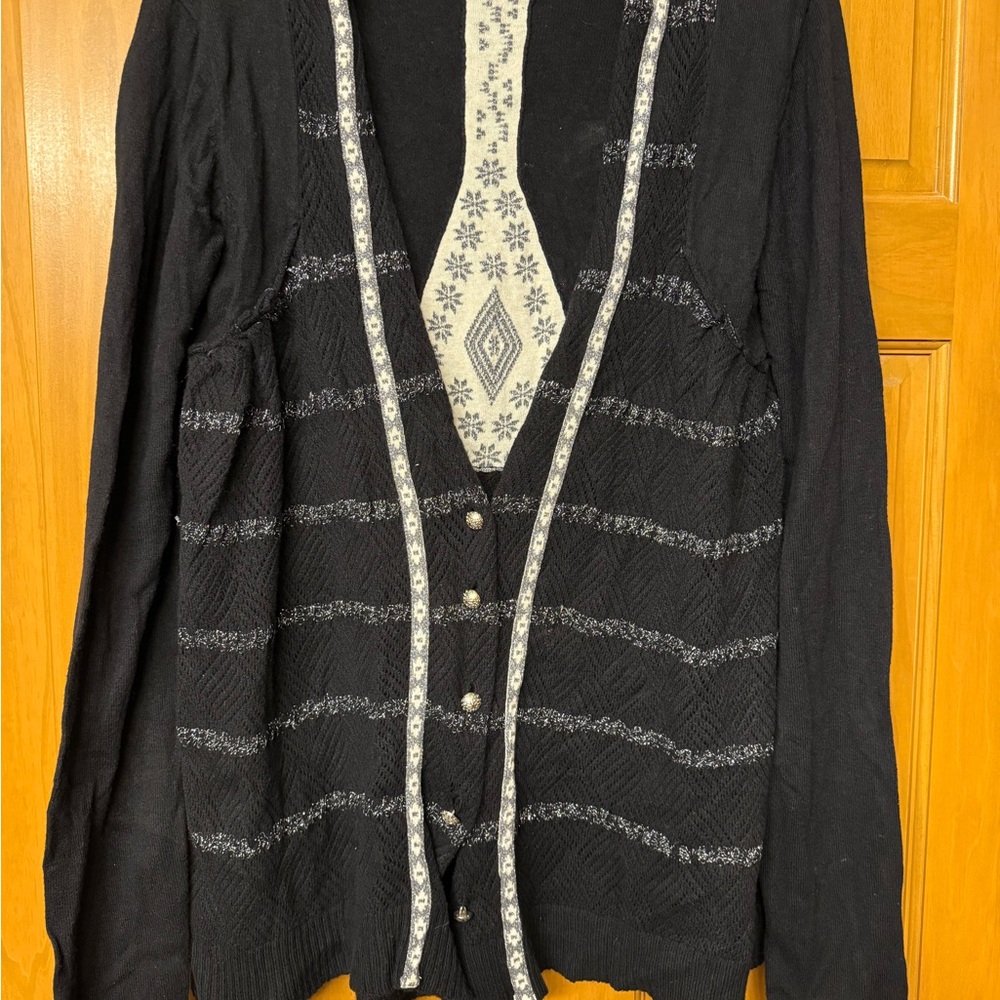 Black and Cream V-Neck Button Cardigan Sweater